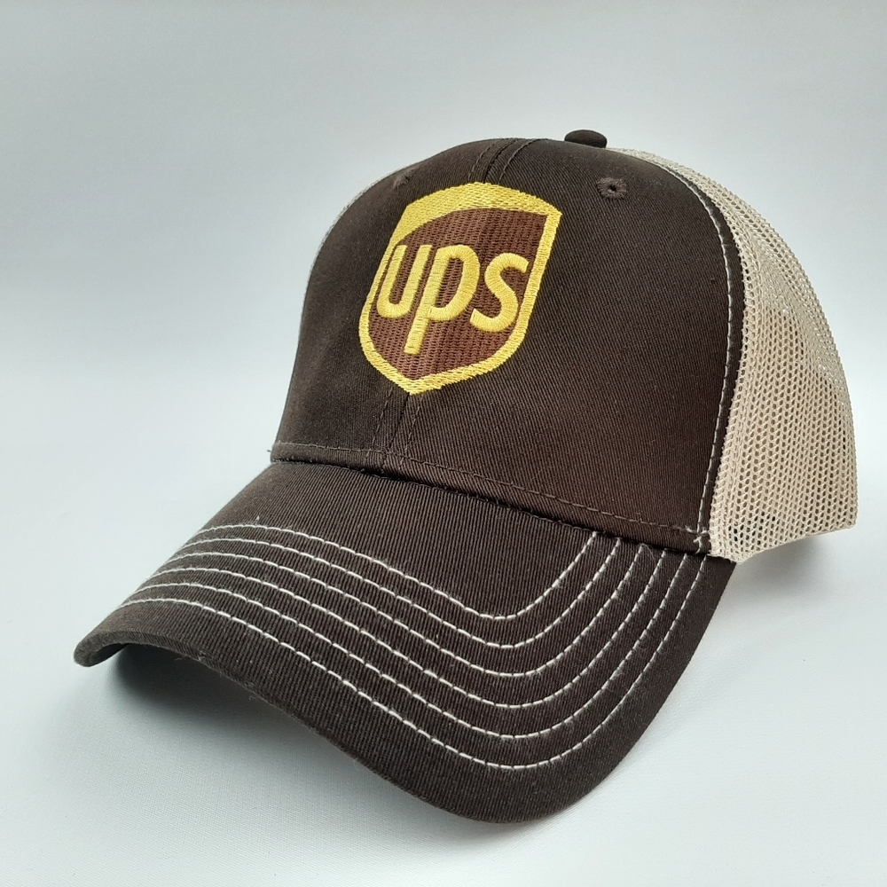 UPS Direct Embroidered Curved bill trucker mesh snapback cap hat brown